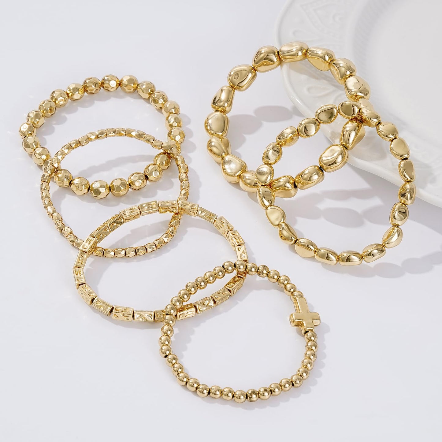 Sajidos Gold Plated Beaded Bracelets for Women Trendy, 14K Gold Plated Stack Cross Pearl Bead Stretch Bracelets Set Elastic Hypoallergenic Bracelets Jewelry Gifts (style1)