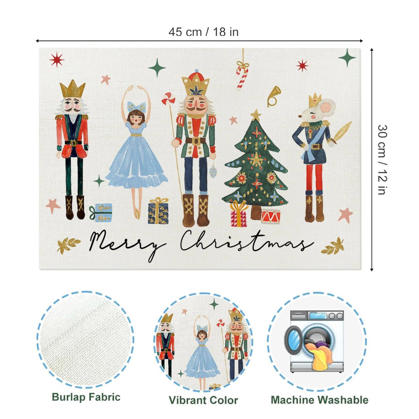 ZCHOMI Nutcracker Merry Christmas Placemats Set of 4, 12x18 Inch Gift Box Winter Table Place Mats for Kitchen Dining Home Party Decor