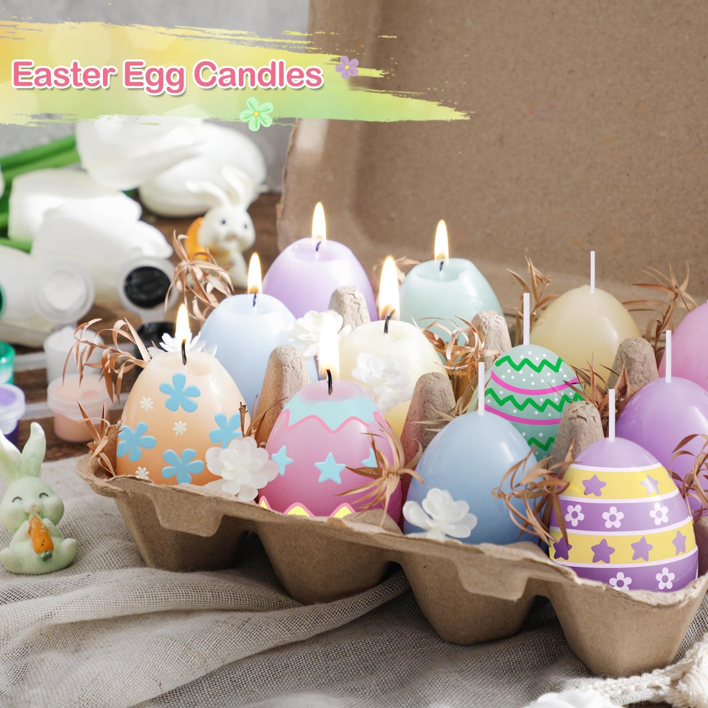 Conelist 25 Pcs Easter Egg Candle Painting Kit Easter Painting Crafts for Adult Macaron Egg Shaped Candles with Carton Acrylic Paint Strips Paintbrushes for Spring DIY Gift Basket Stuffers