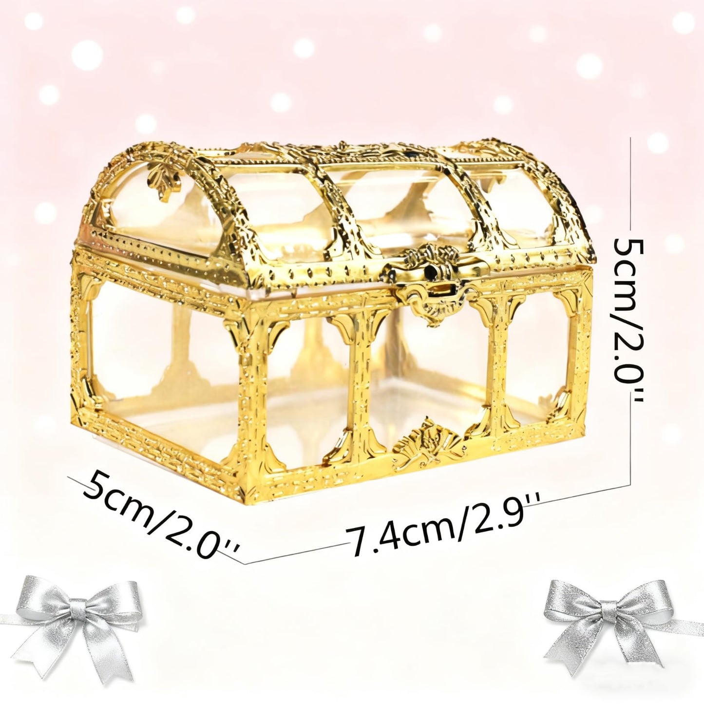HAN SHENG 12 Pack Plastic Treasure Chest Candy Boxes - 2.9"x2.0" Transparent Empty Gift Favor Boxes for Wedding, Christmas, Birthday Party (Gold)