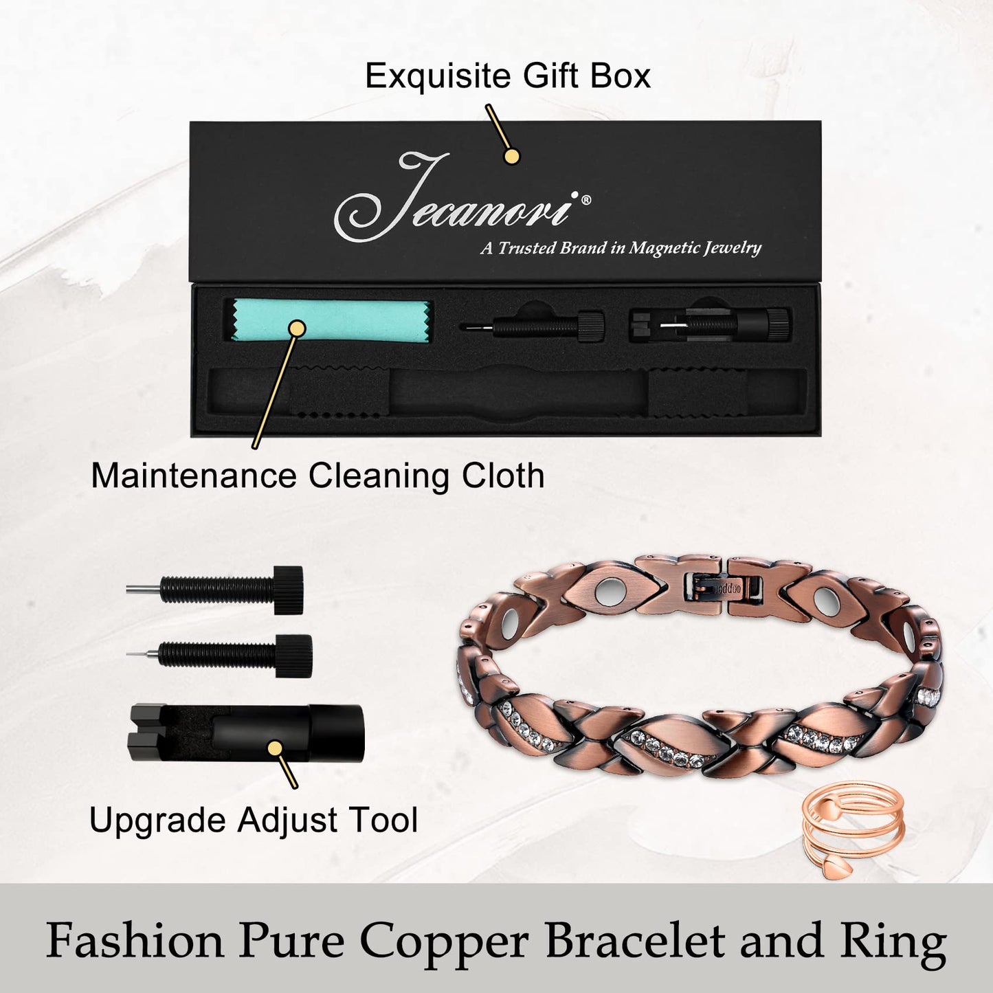 Jecanori Magnetic Copper Bracelets for Women,Copper Magnetic Ring for Women,Crystal Bracelets with 3500 Gauss Magnets,Jewelry Gift with Sizing Tool