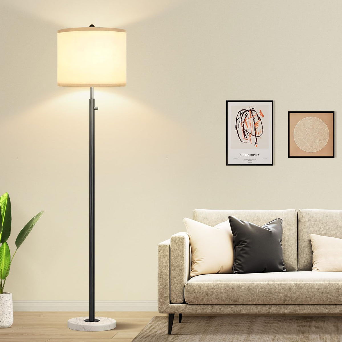 Nintiue Dimmable Floor Lamp for Living Room, 11W LED Bulb Included, Modern Standing Lamp with Marble Base, Tall Pole Light with White Linen Shade for Bedroom Reading Office Corner Nursery-Black