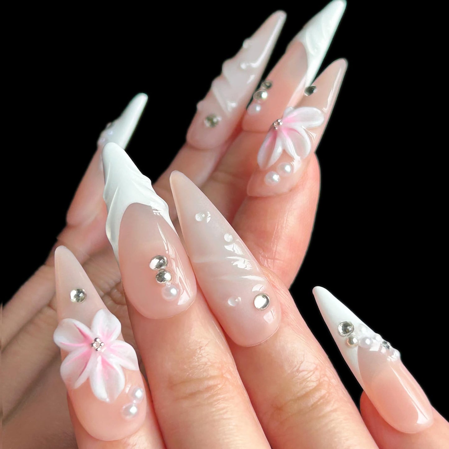 Medium Press On Nails - Handmade 3D False Nails Long Stiletto 10 Pcs ReusableABS Material Finger Painting Nail Tip French Salon Design (Size M)