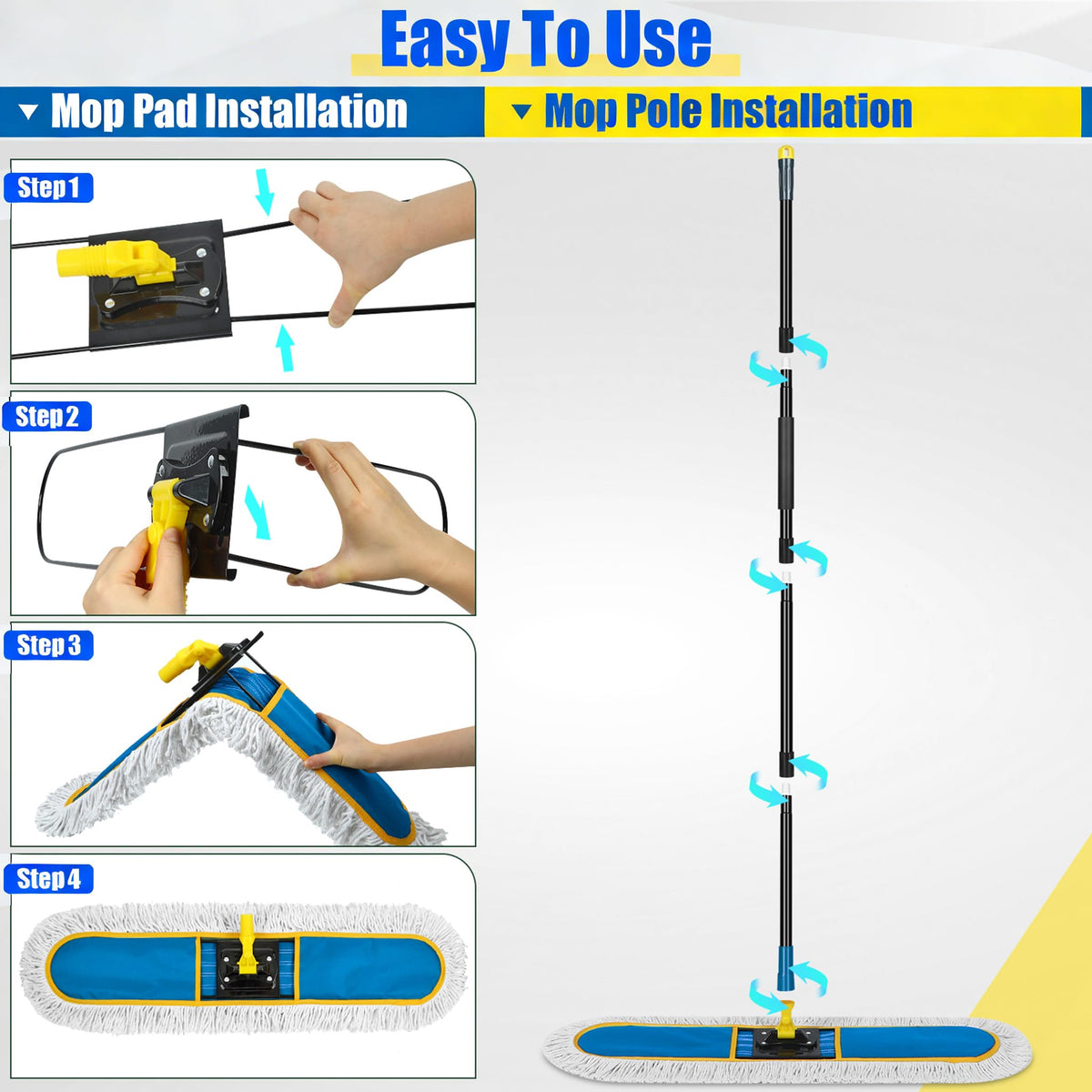 36" Commercial Dust Mop for Floor Cleaning with 2 Cotton Mop Pads (16 Ounce)