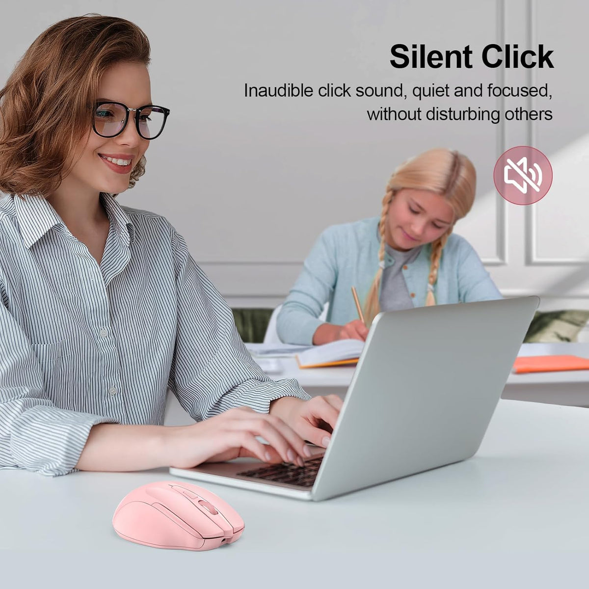 TECKNET Wireless Mouse (BT5.0/3.0 & 2.4G) Rechargeable 4800 DPI Silent USB A & Bluetooth Mouse 6 Buttons, Wide Compatibility - Pink