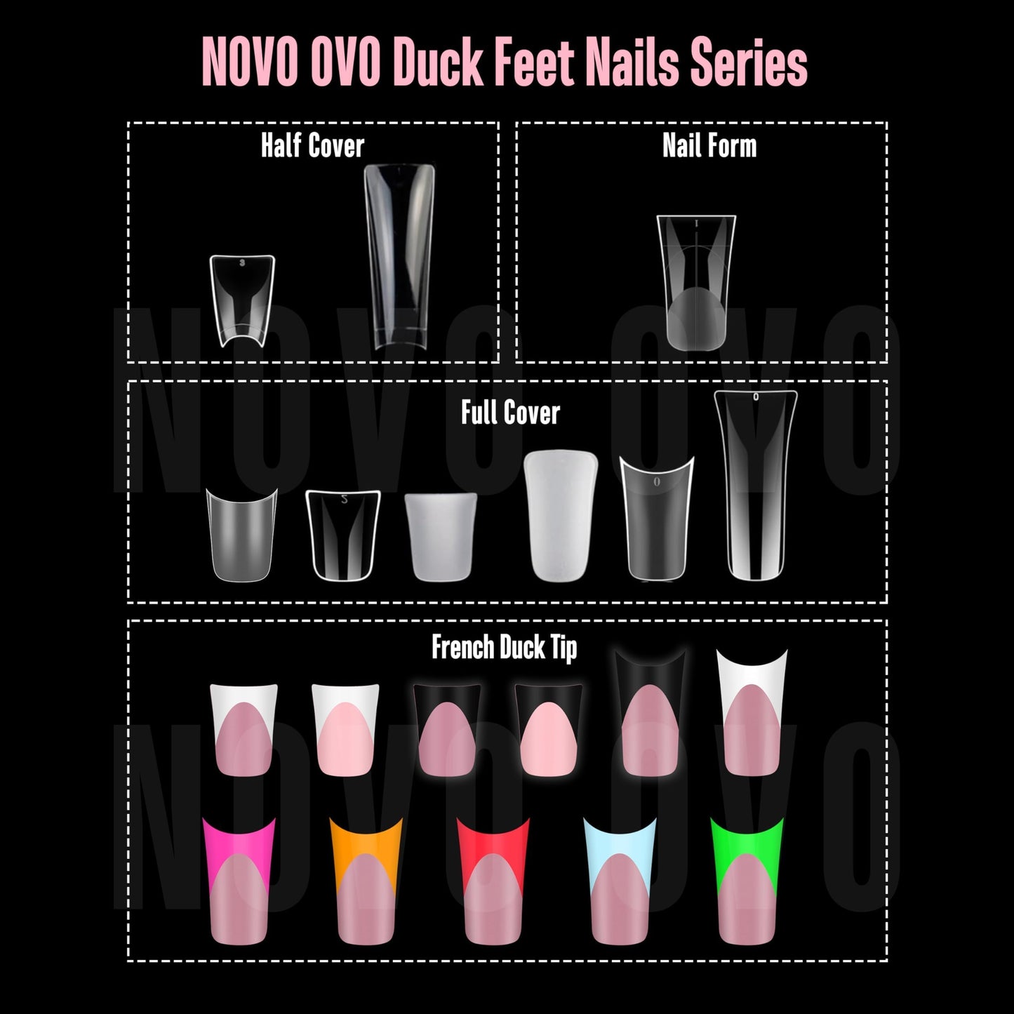 NOVO OVO Halloween Duck Nail White French Tips Press On ROSE PINK with Glitter, Full Cover Acrylic with Moon Curve, Medium Thick Pre-Etched Flare Wide Soft Gel False Nail Extension x 15 Sizes 150 pcs