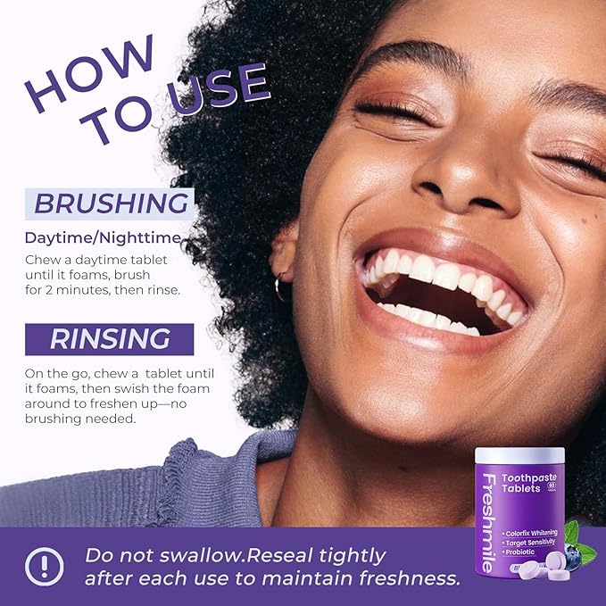 Whitening Toothpaste Tablets with Nano-Hydroxyapatite (NHA) Purple Toothpaste for Teeth Whitening Fluoride-Free, for Sensitive Teeth & Gums, Travel-Friendly Tabs (60 Count)