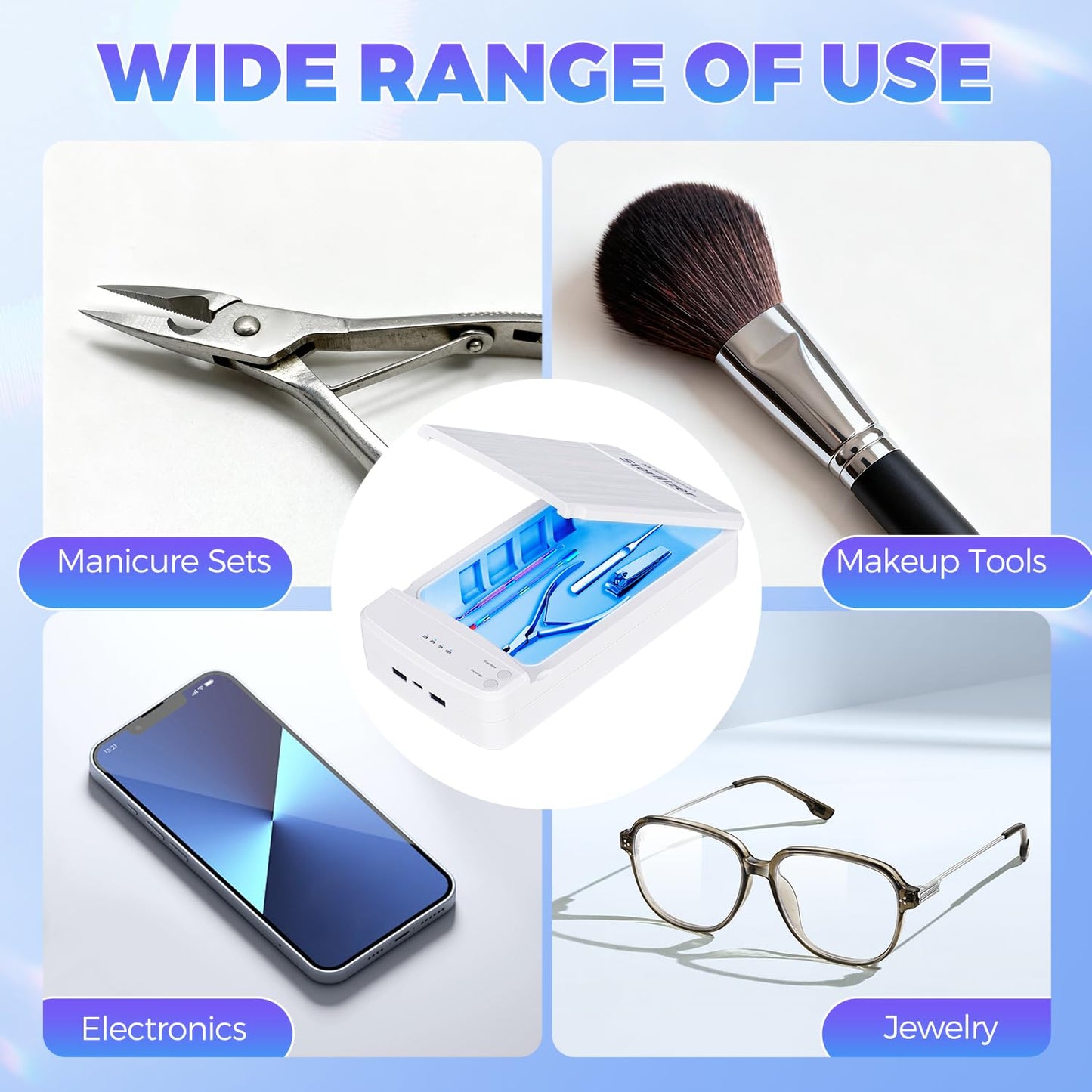 TAKIYA Nail Tool Cleaning with Blue Light, USB Portable Cleaner Machine, Nail Tips Art Tech Must Haves for Salon, Tweezers, Phone, Jewelry, Key, Watch, White