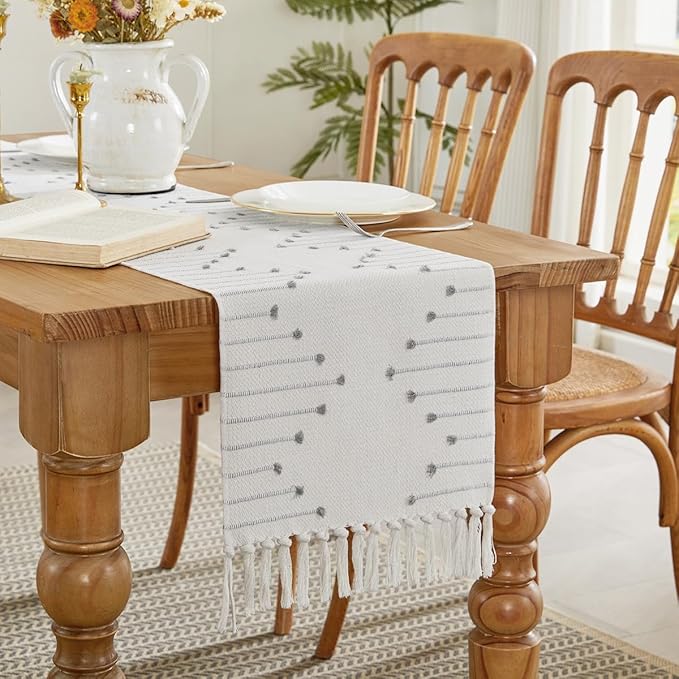 Wracra Boho Table Runner, Natural Cotton Woven Macrame Table Runners 60 Inches Long for Modern Farmhouse Woven Home Decor, 14x60 Inch, Grey