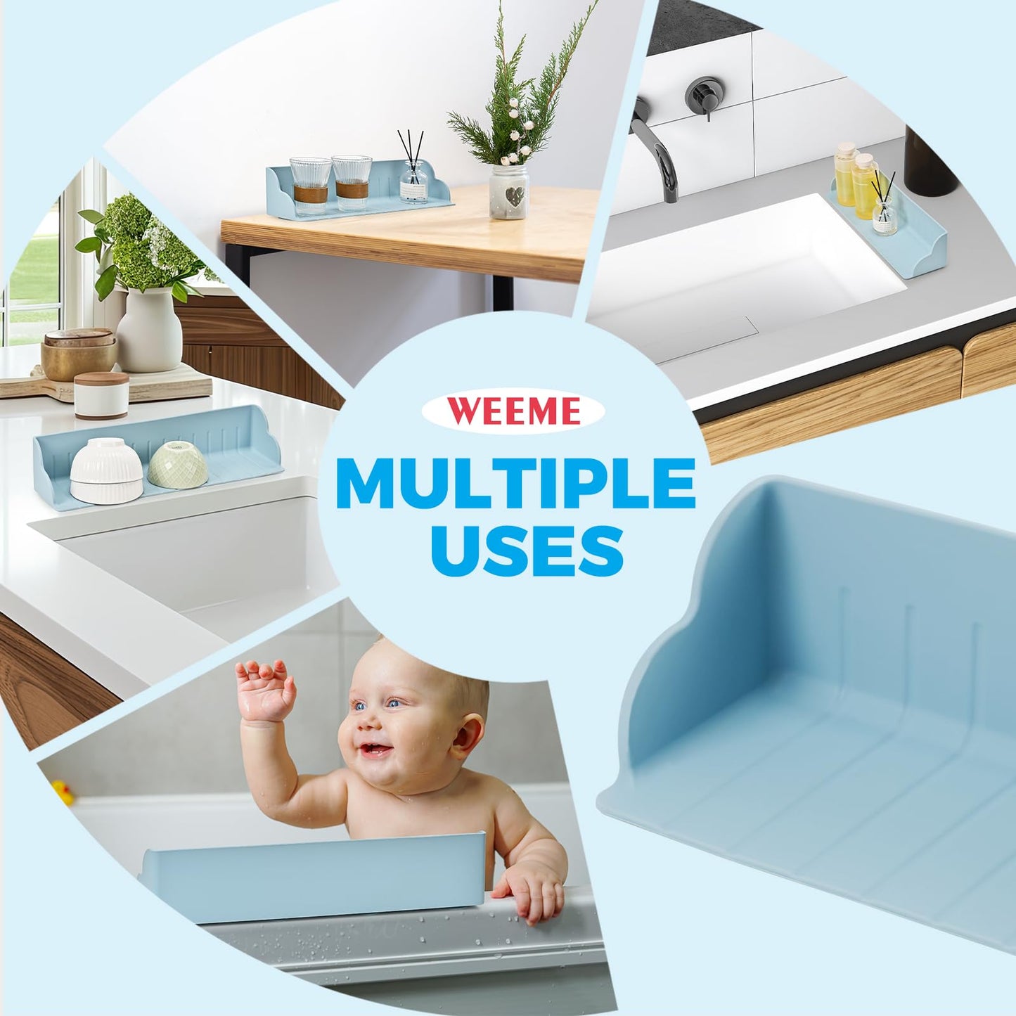 Weeme Bathtub Splash Guard, Silicone Bath Caddy Tray with 4 Suction Cups, Kids Toy Holder and Organizer Shelf for Toddler Tub Accessories (Blue)
