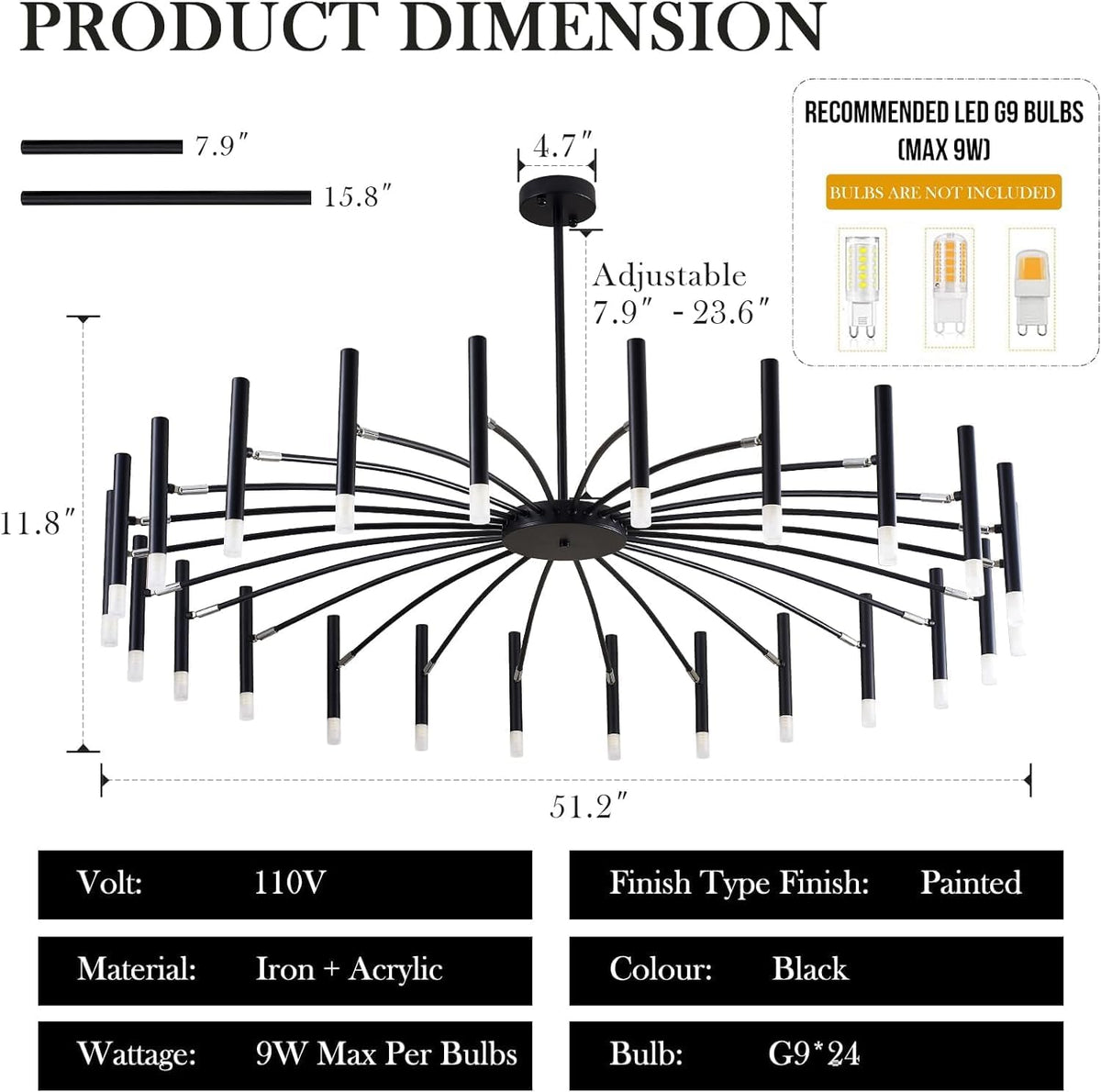Black Modern Chandelier Large Chandelier Lighting Adjustable Ceiling Pendant Light 24-Light Pendant Light Fixtures for Living Room Dining Room