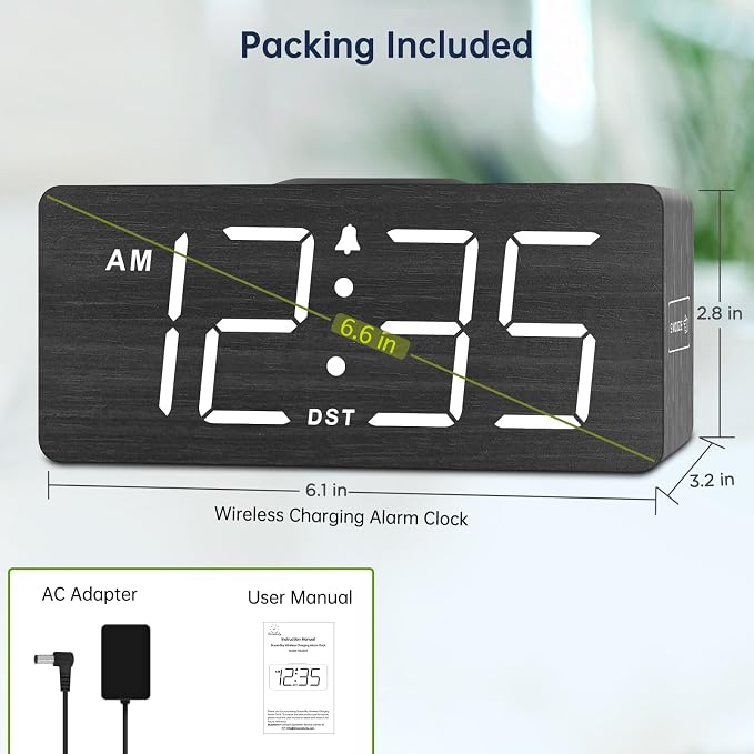 DreamSky Wooden Digital Alarm Clock with Wireless Charging for Bedroom