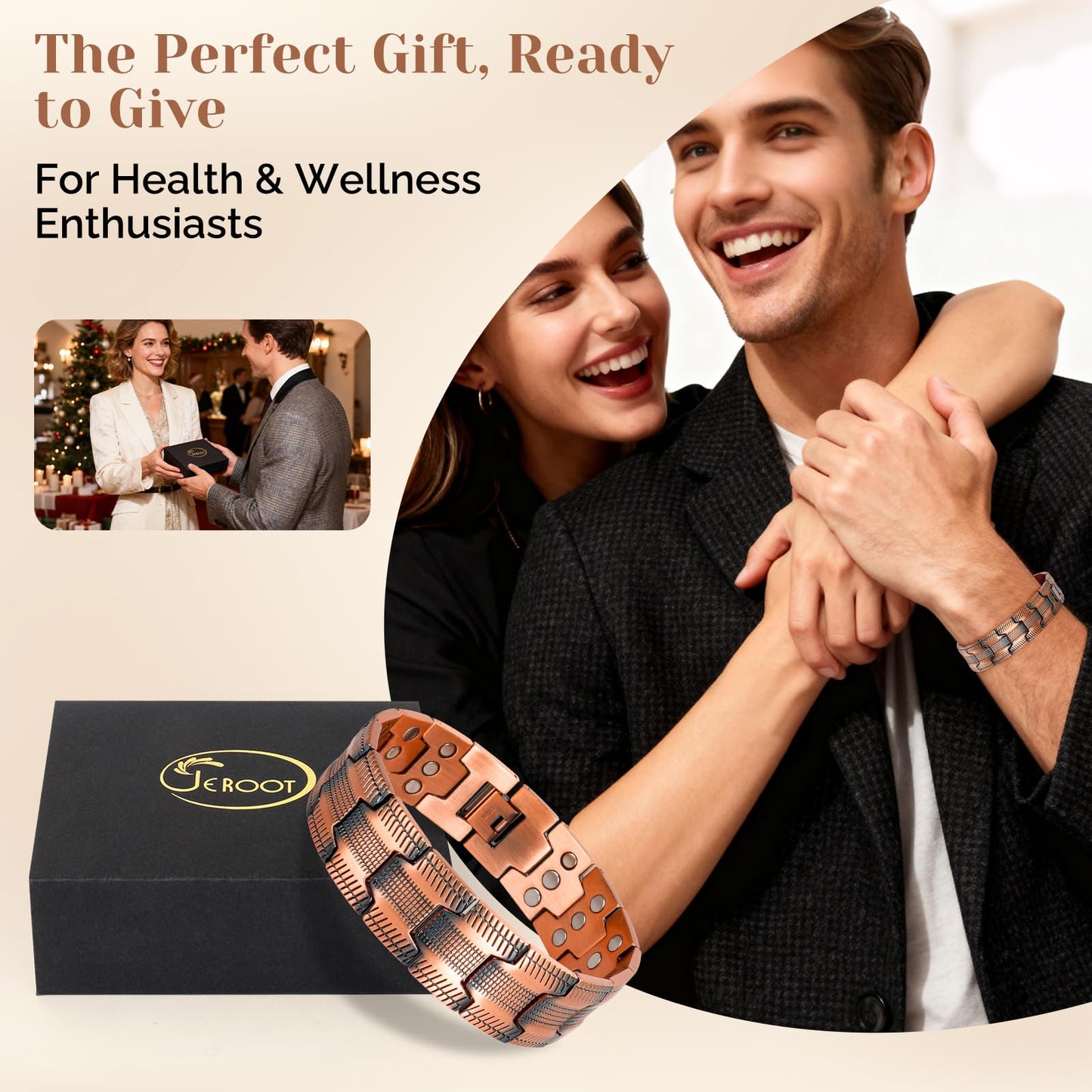 JEROOT Men's 99.99% Pure Copper Magnetic Bracelet, 3500 Gauss Magnets Adjustable with Sizing Tool