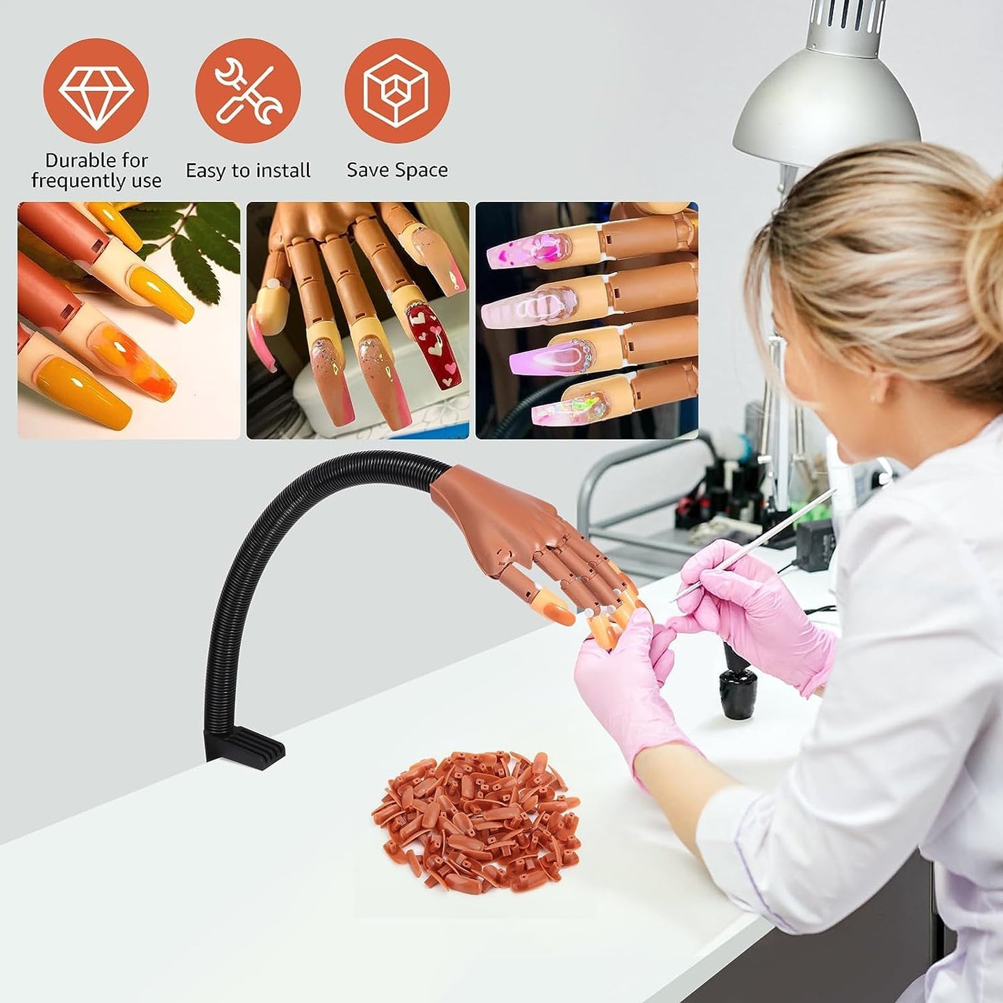 Practice Hand for Acrylic Nails,100 Pcs Nail Tips Flexible Training Hand Professional Nail Art Hand Tools Adjustable False Finger Nails for DIY Nail Manicure