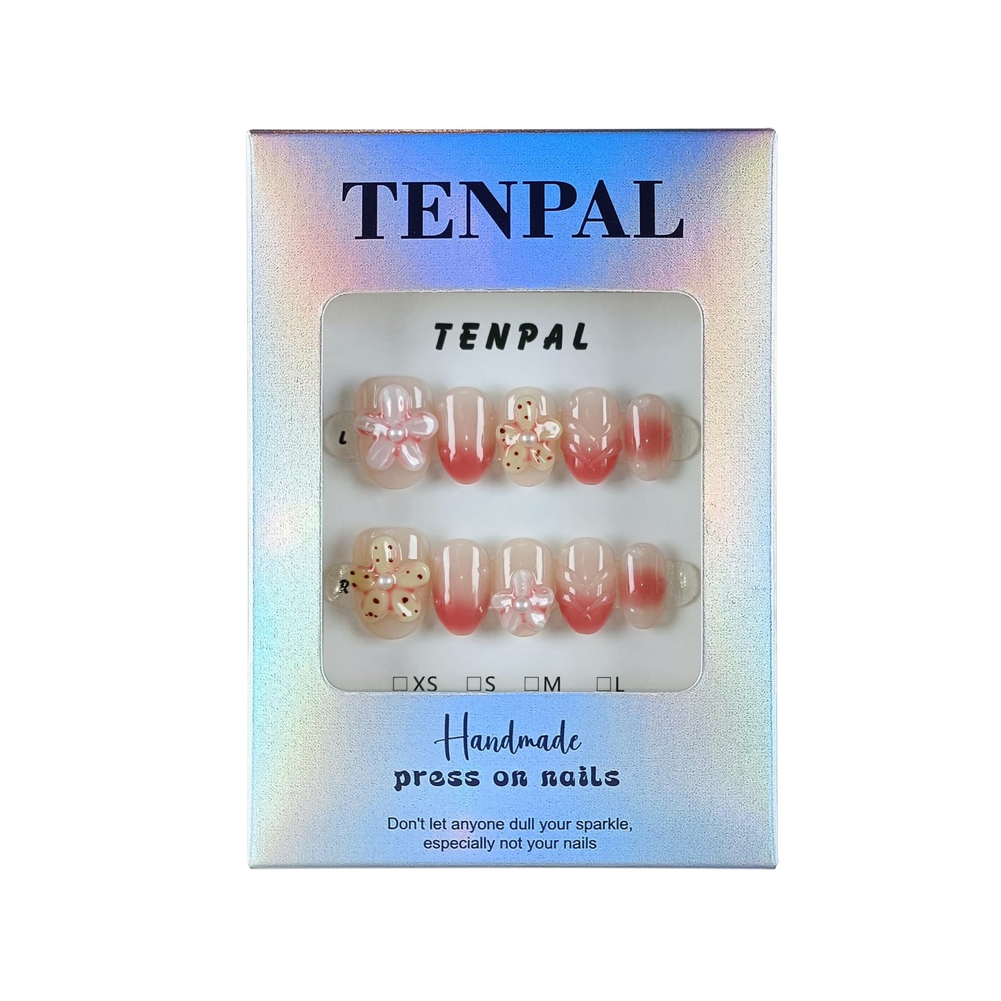 TENPAL Handmade Press On Nails Short Oval 10Pcs with Tools Kit, Coral Blush Gradient Pink Glue on Nails with Hand-Sculpted Flowers, Reusable Glossy Summer Beach Vacation Fake Nails for Teens Girls(L)
