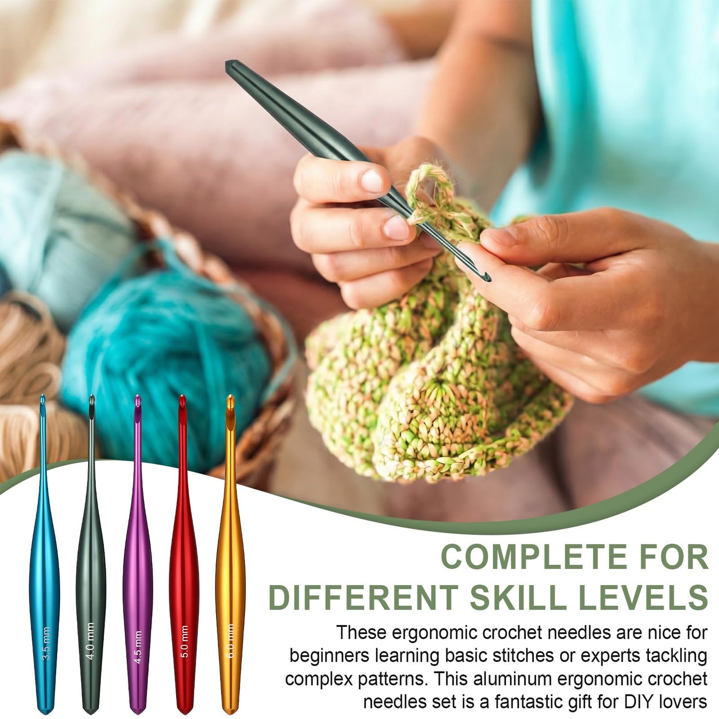 Rivvlive 5 Pcs Aluminum Crochet Hooks Set, 3.5mm-6.0mm Ergonomic Crochet Hooks with Non-Slip Hook for Arthritic Hands, Beginners, Crocheting Lovers, Ideal Crochets Gift for Mother Women DIY Craft
