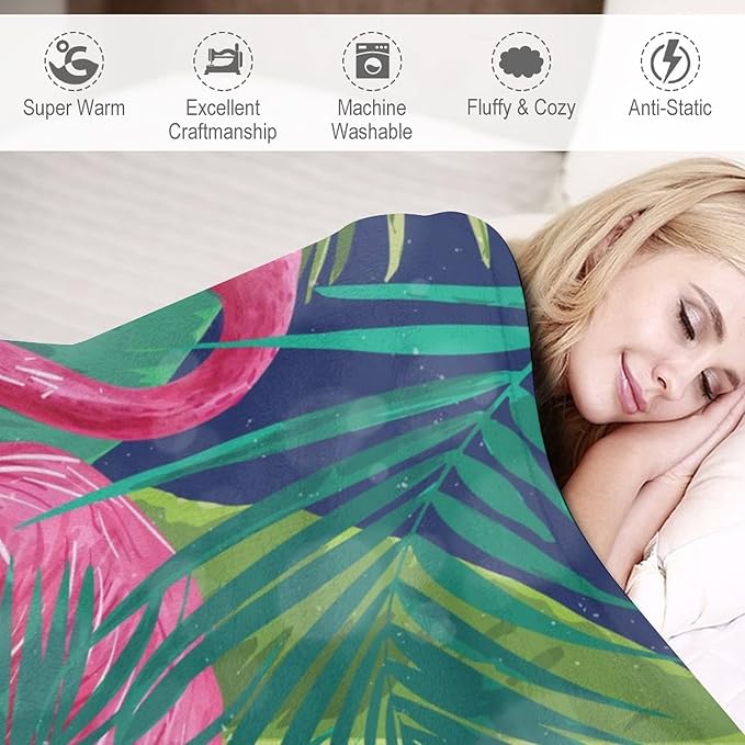 Custom Flamingo Blanket Gifts - 50 x 60 Inches Funny Flamingo Throw - Green Fluffy Warm Cozy Blankets for Sofa