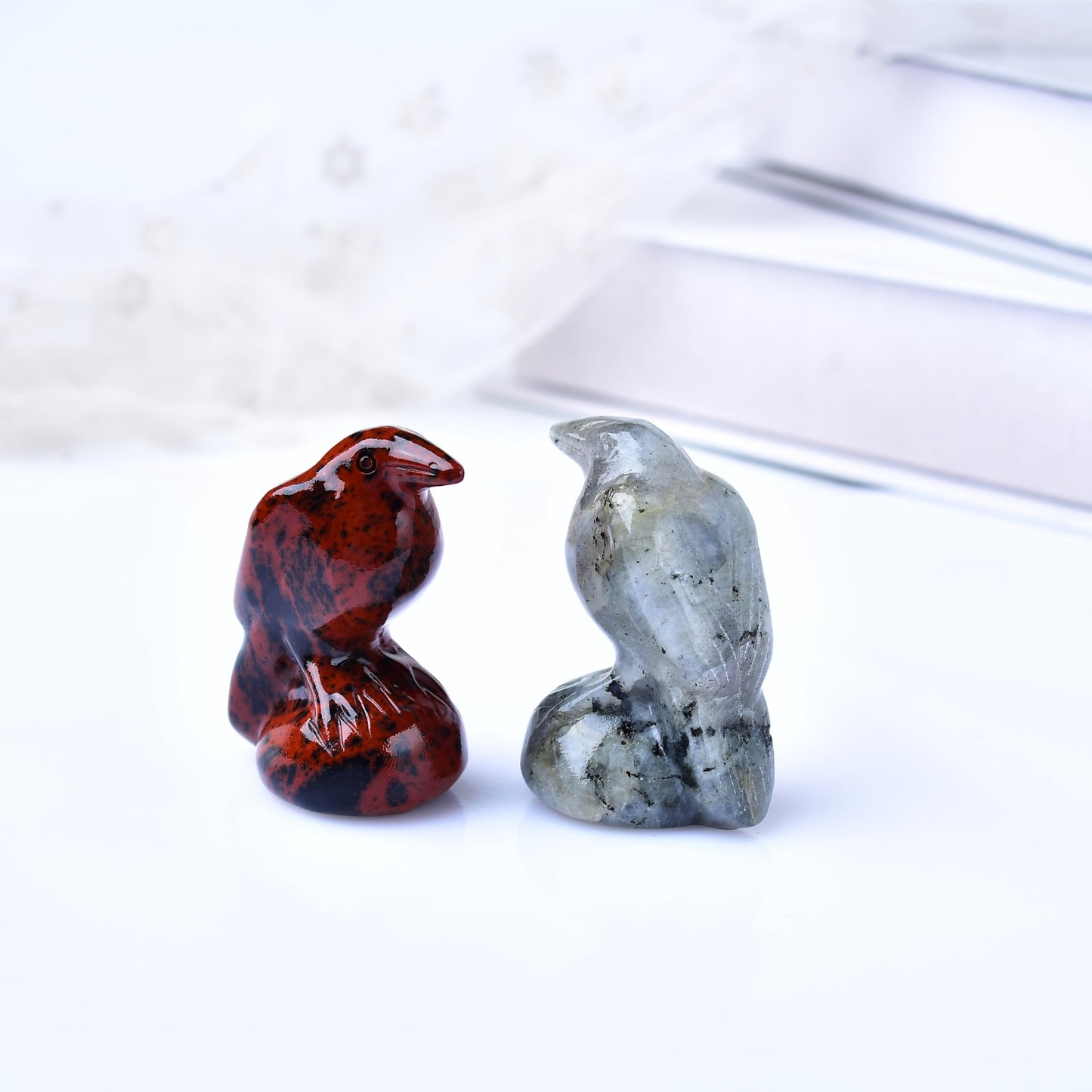 DZJXBZhu Moonstone Crystal Raven 2" Natural Crystal Handmade Sculpture Lucky Guardian Pocket Statue Healing Stone Animal Statue Office Home Decor Gift
