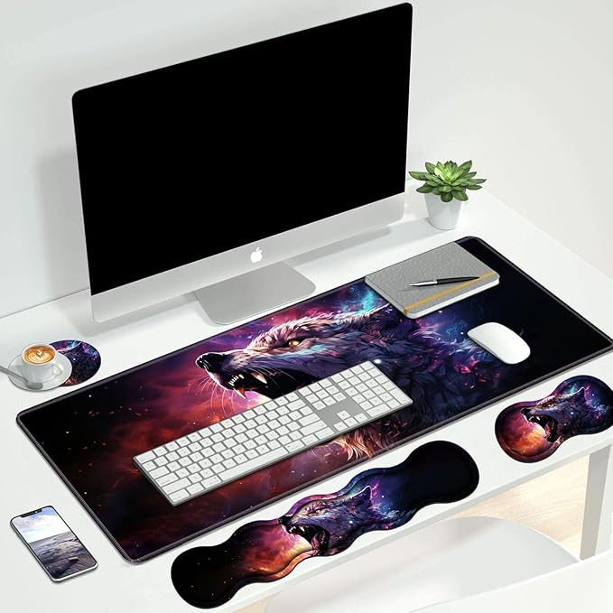 4 in 1 Ergonomic Keyboard Wrist Rest & Mouse Pad Wrist Rest Set, Large XXL Gaming Desk Mat 31.5"x 11.8" with Non-Slip Base, Memory Foam for Home Office Study Gaming, Wolf Howling