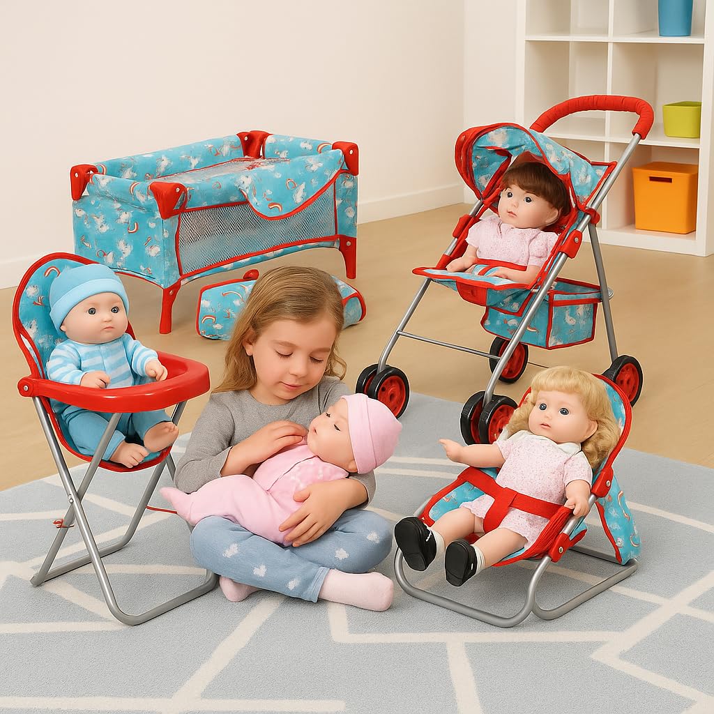 Fash n kolor® 4 Piece Doll Play Set, Doll Accessories Gift, Toy Set -Unicorn Design Includes, Doll Foldable Bed, Doll Stroller, Doll High Chair and Doll Seat, Dolls Gift Set (4 Piece Set)