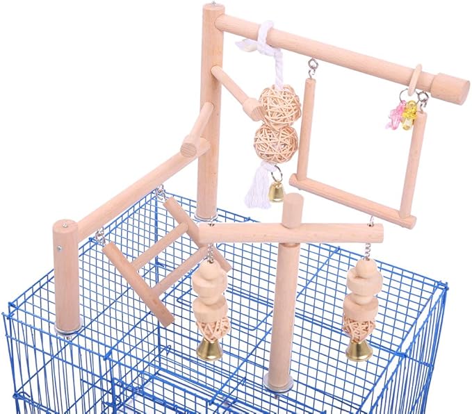 QBLEEV Parrot Play Wood Stand, Bird Grinding Perch Table Platform with Cups