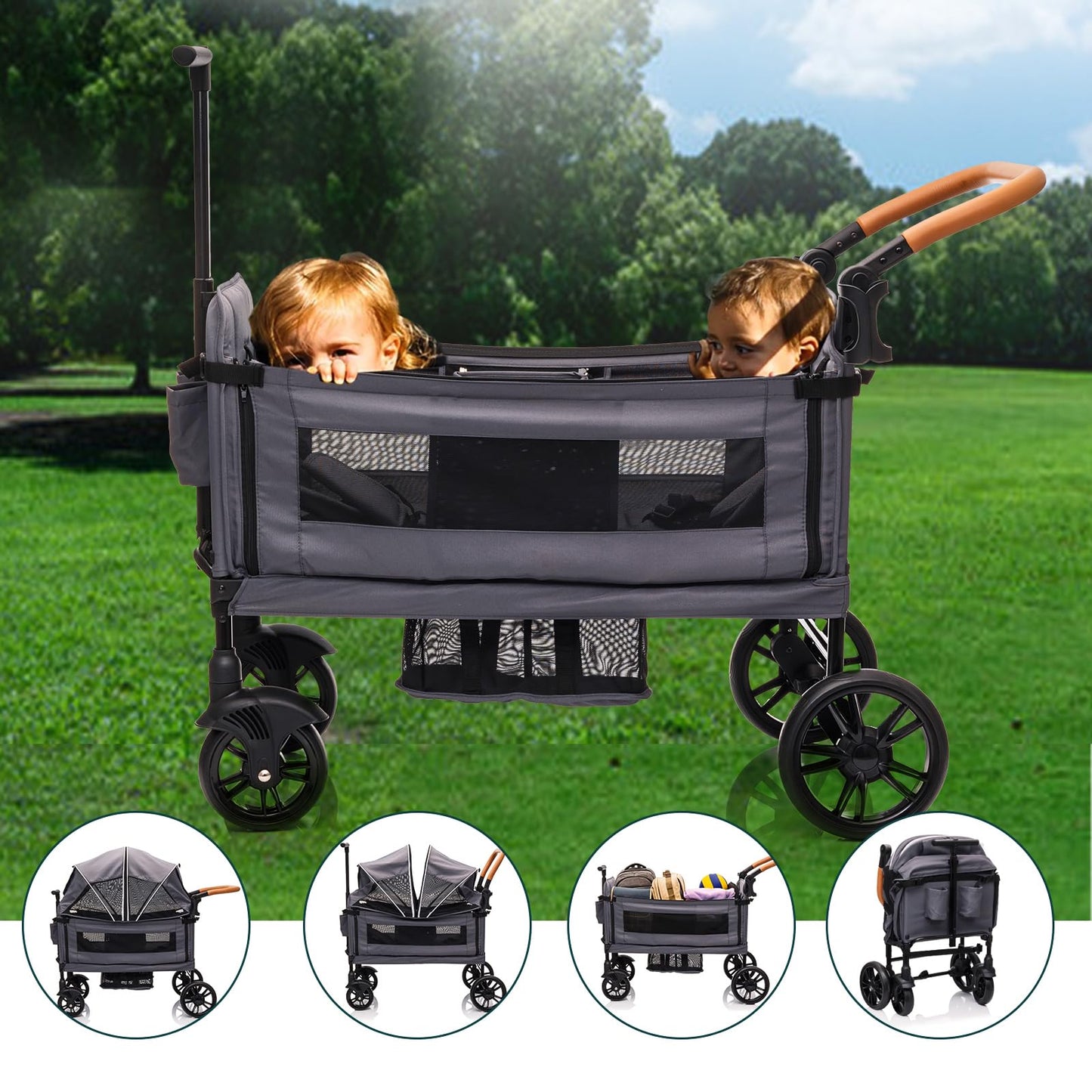 Luxury Wagon Stroller for 2 Kids & Cargo-Lightweight Foldable Travel Push Pull All-Terrain Double Wagon for Newborn&Toddler with 5-Point Harness,Adjustable Handle, Canopy,Tray Table,Cup Holder
