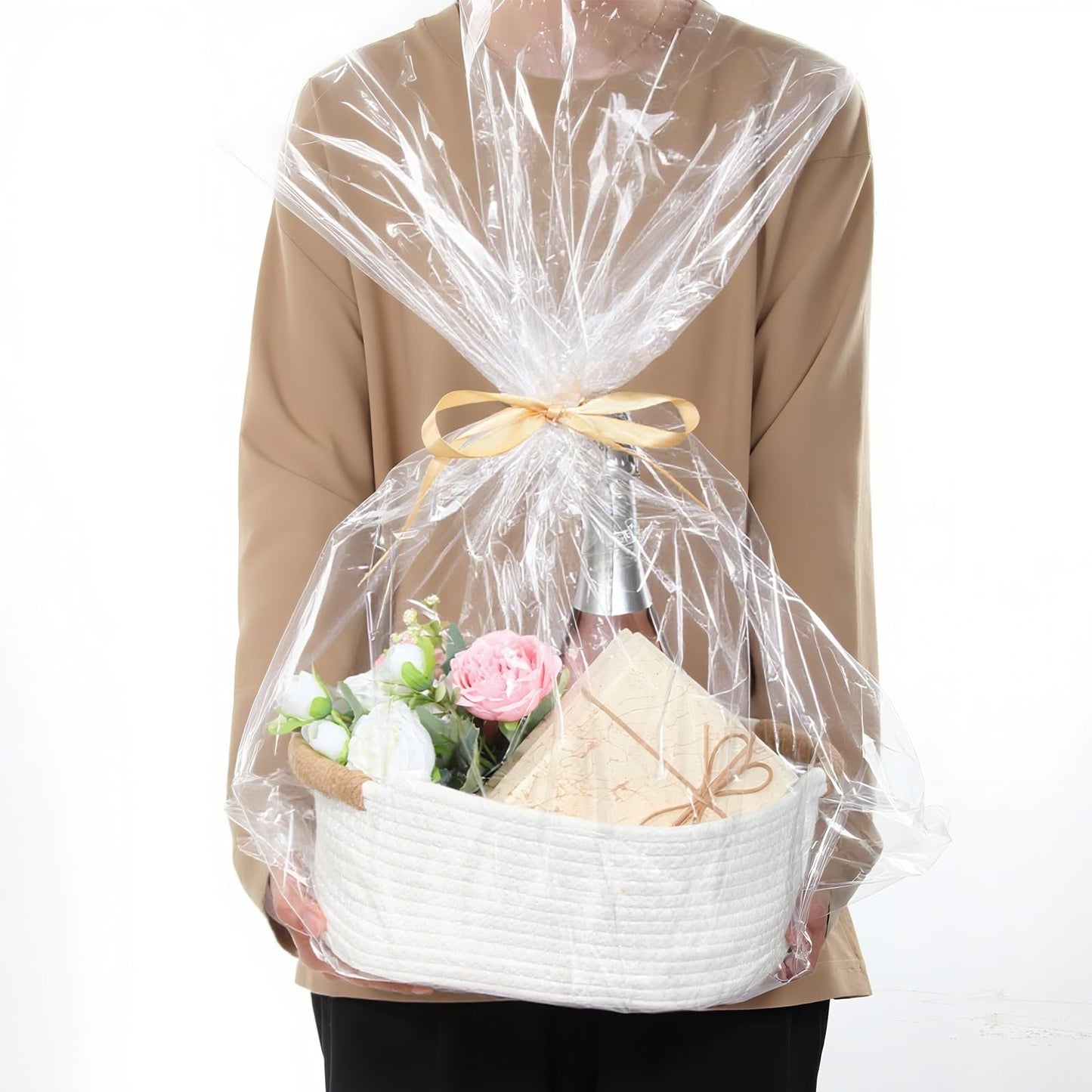 Colingmill Graduation Woven Gift Basket with Gift Bags and Ribbons 12"x8"x5" Empty Cotton Rope Storage Basket for Birthdays Wedding DIY Present(White)
