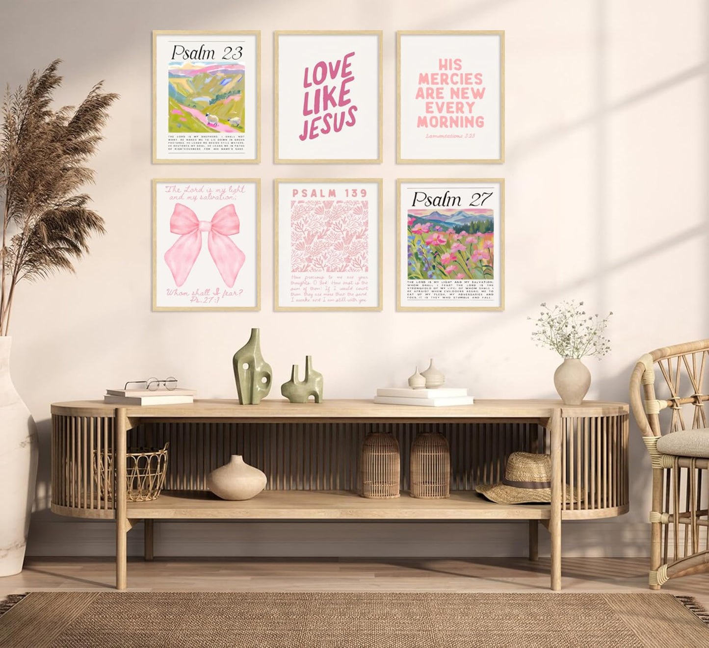 Pink Christian Posters Wall Art Set of 6 Bible Verse Canvas Wall Decor Religious Pictures Prints Scripture Bundle Bow Artwork Girls Room Trendy Preppy Painting Home Decoration 8x10 Inch Unframed