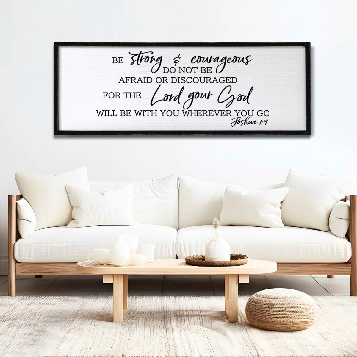 Be Strong And Courageous Sign Bible Verse Framed Wall Art, 32''×12'' Rustic Religious Christian Proverbs 3:5-6 Sign, Horizontal Holy Inspirational Catholic Scripture Decor