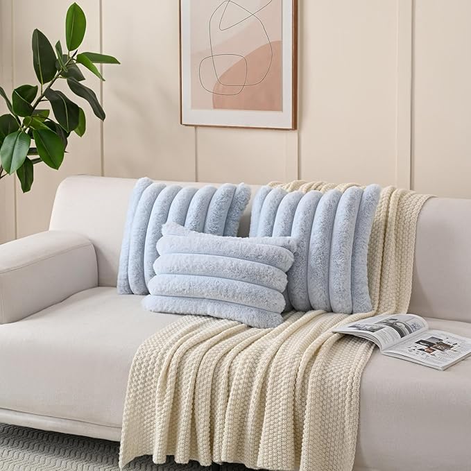 FUTEI Light Blue Decorative Throw Pillow Covers 16x16 Inch Set of 2, Square Soft Faux Rabbit Fur Thick Striped Cushion Cover,Winter Home Decor for Couch Bed Living Room