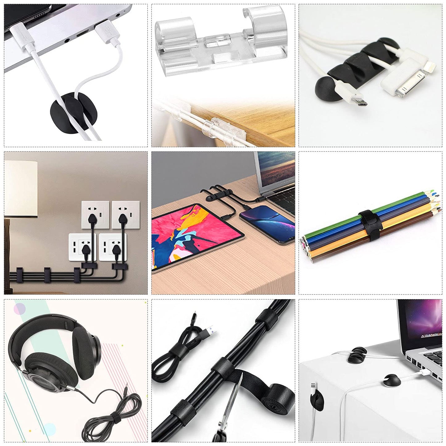 Cord Management Organizer Kit 4 Cable Sleeve split with 41Self Adhesive Cable Clips Holder, 10pcs and 2 Roll Self Adhesive tie and 100 Fastening Cable Ties for TV Office Car Desk Home