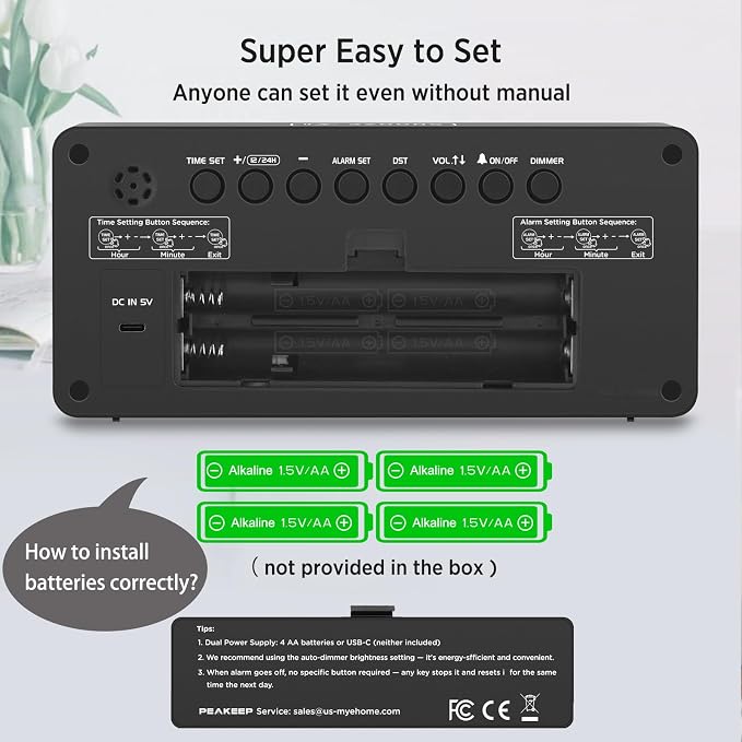 Peakeep Battery Operated Digital Alarm Clock for Bedrooms Big Numbers