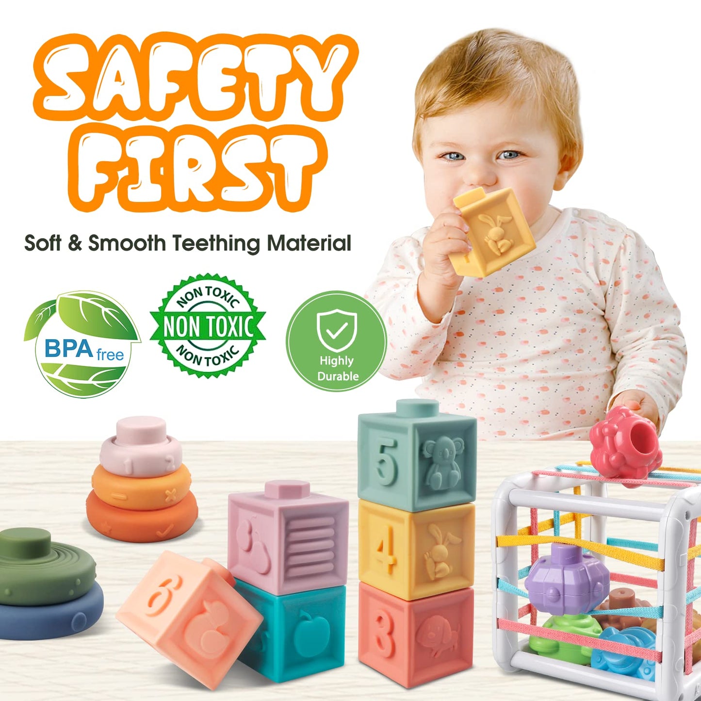Plunack 4-in-1 Baby Toys Montessori Soft Stacking Blocks for Babies, Infants Teething Toys, Sensory Balls and Educational Learning Set for Toddlers (Boys & Girls)