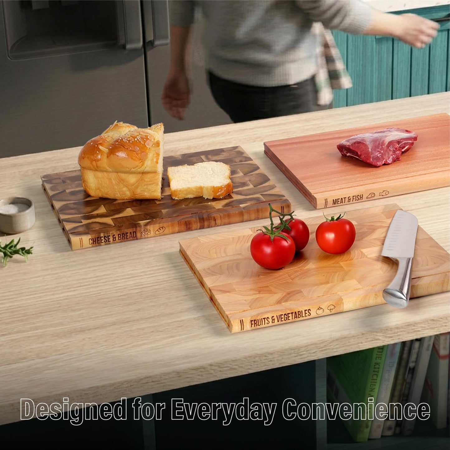 Book Cutting Board Set of 3 with Stand-The Cutting Board Library, Solid Wood Book-Shaped Boards for Serving & Display, Labeled Meat & Fish, Bread & Cheese, Fruits&Vegetables-Decorative Cutting Boards.