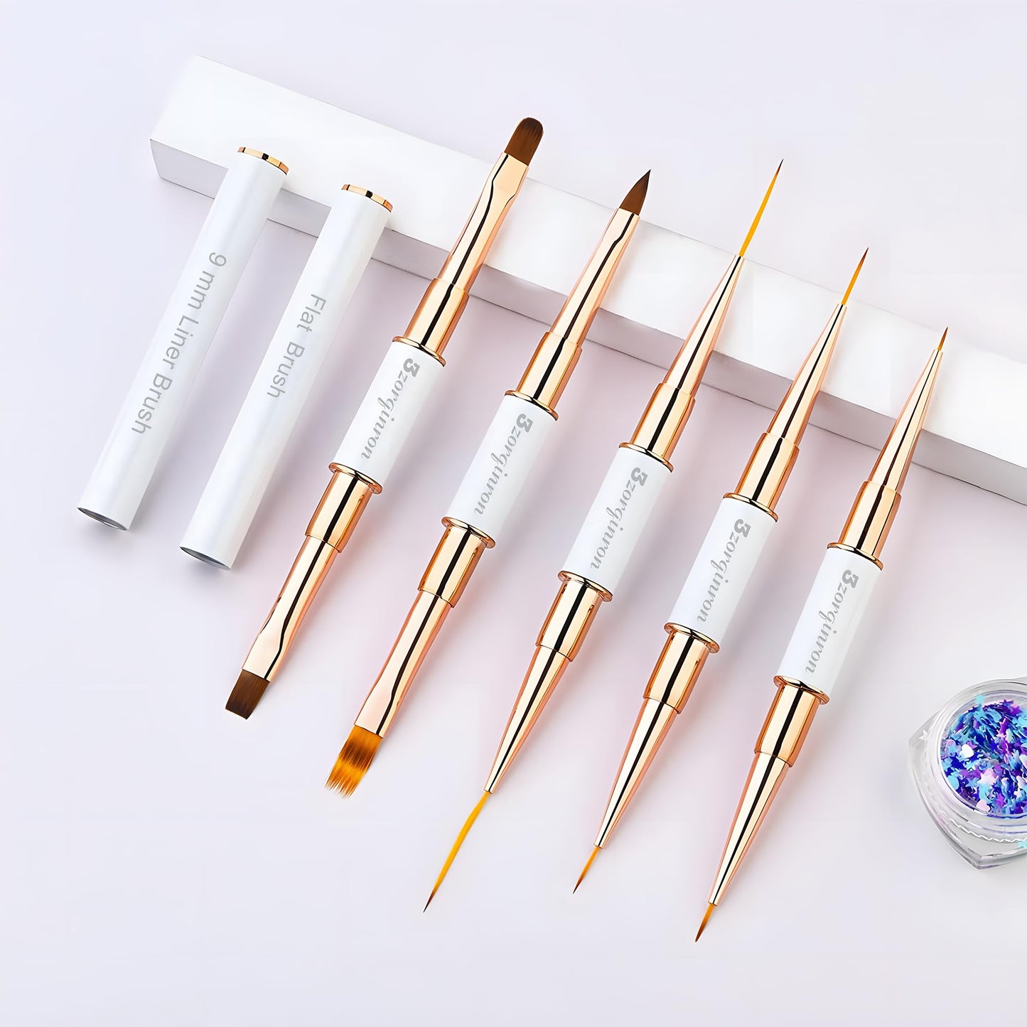 Nail Art Brushes Set, Professional 5Pcs Double-Ended Nail Brush Kit for Details, Long Lines, Ombre & 3D Design-Perfect for DIY Manicures & Salons (White)