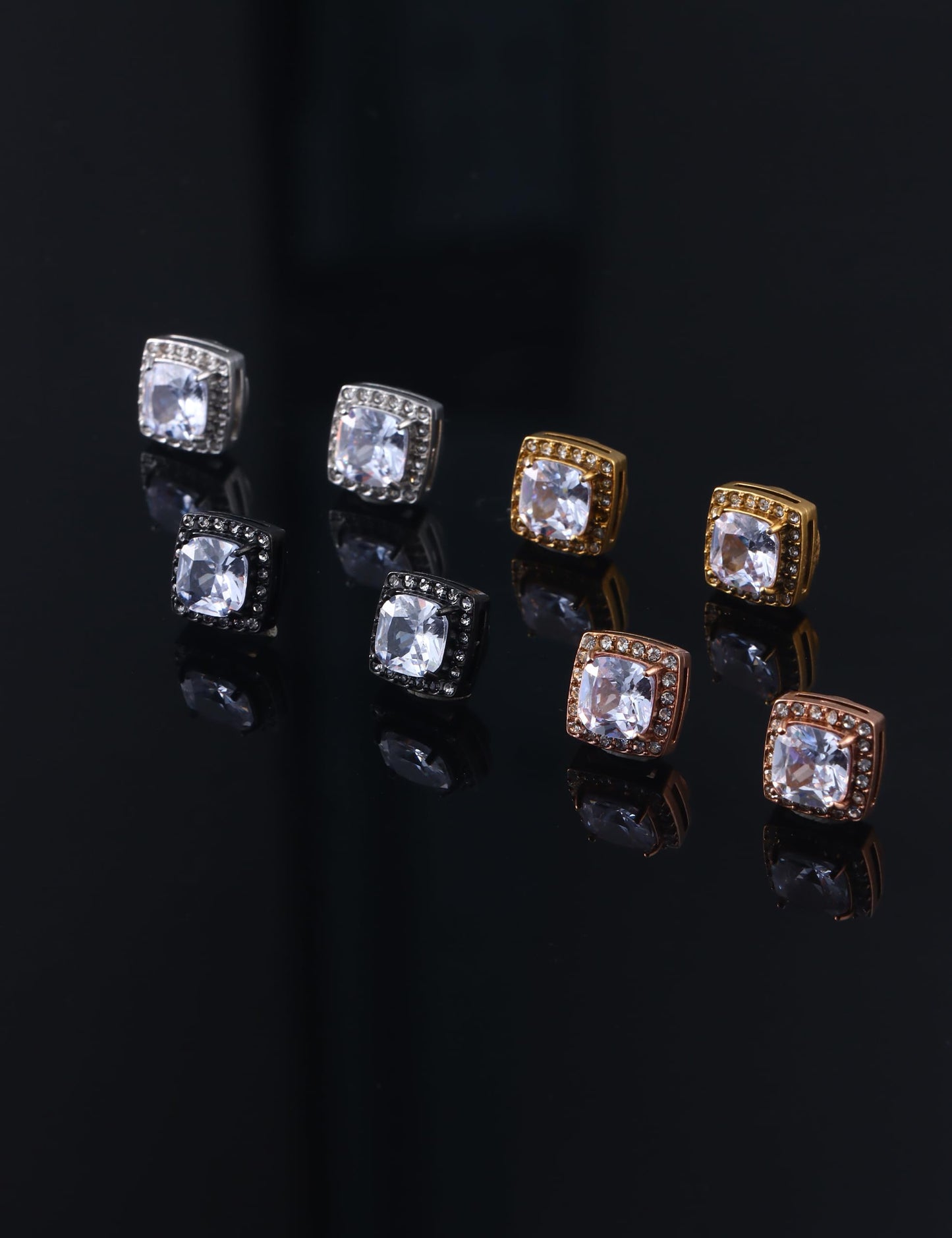 4 Pairs Stud Earrings Set Princess & Round Cubic Zirconia Earrings Hypoallergenic 316L Surgical Stainless Steel CZ Earrings for Women Men (Square)