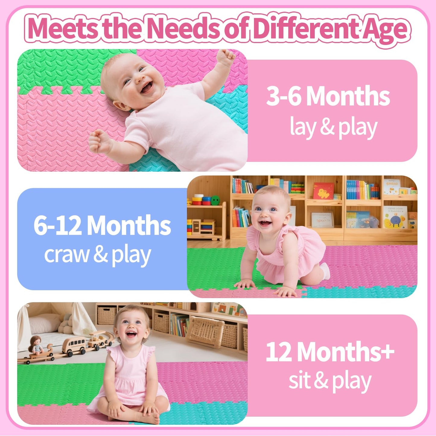 Coolcandy Baby Foam Play Mat 16Pcs with Edge Strips, 4 Colors Interlocking Floor Tiles, 0.4″ Thickened Non-Slip Puzzle Floor Mat for Infants Toddlers Playroom & Daycare