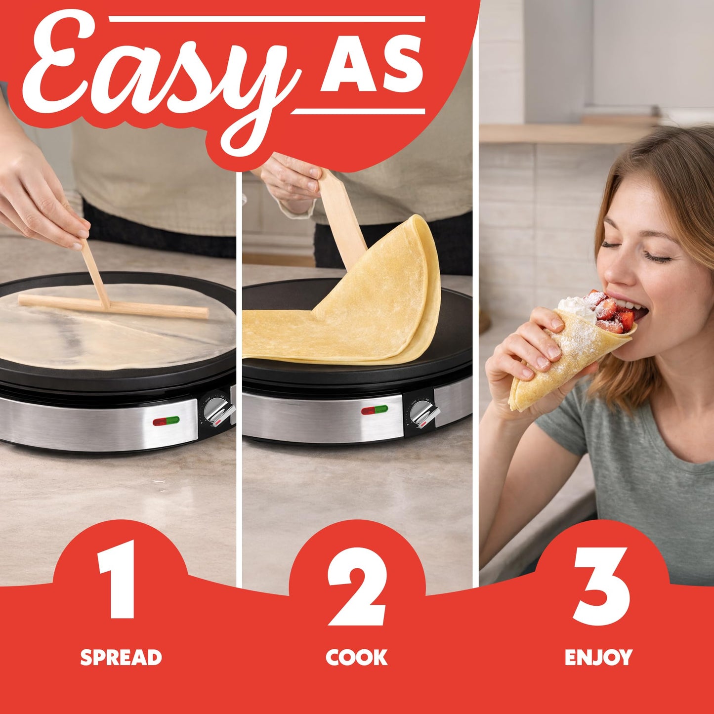 Gourmia 12” Crepe Maker – Nonstick Electric Griddle for Pancakes, Omelets & More, Precise Temp Control with Indicator Lights, Includes Spatula & Batter Spreader, Quick Cleanup, Stainless Steel Trim