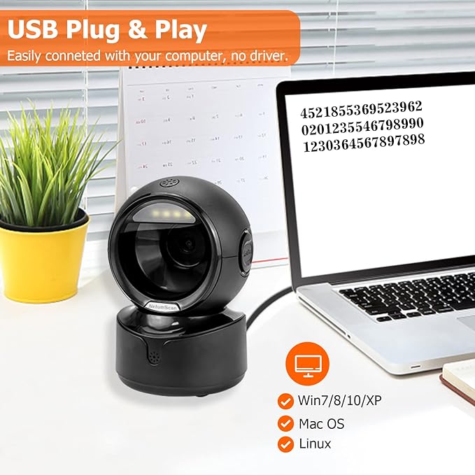 NetumScan Automatic Omnidirectional Desktop Barcode Scanner, Hands-Free USB Wired QR Barcode Reader, 1D 2D Bar Code Image Sensing for Warehouse, Supermarket, Retail Store, Bookstore Pos System