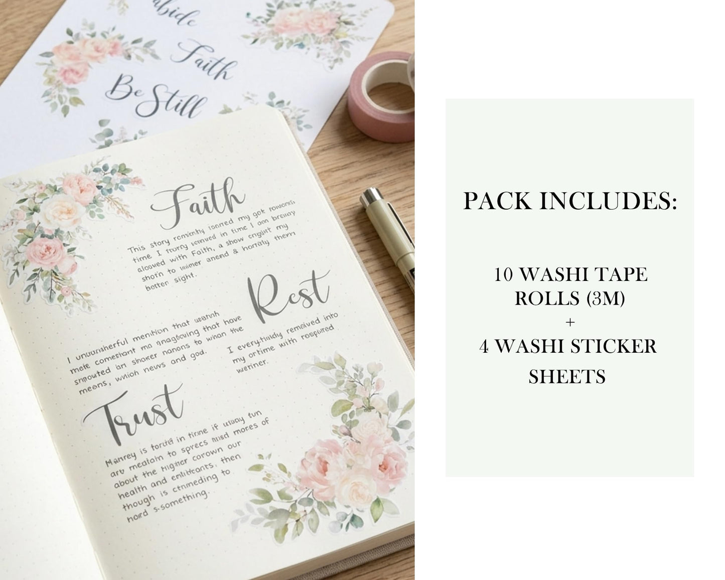Bible Journaling Washi Tape Set for Women – 10 Rolls + Sticker Sheets, Floral Faith Theme Washi Tape with Scripture Verse & Christian Words, Decorative Tape for Planner, Prayer Journal Supplies