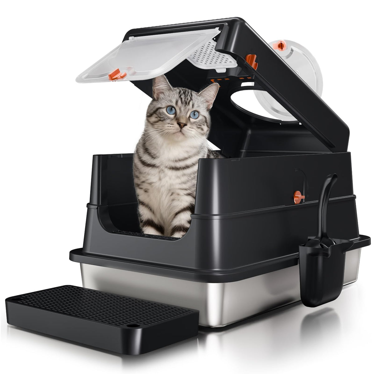 Stainless Steel Cat Litter Box with Lid, Small Enclosed Metal Litter Pan