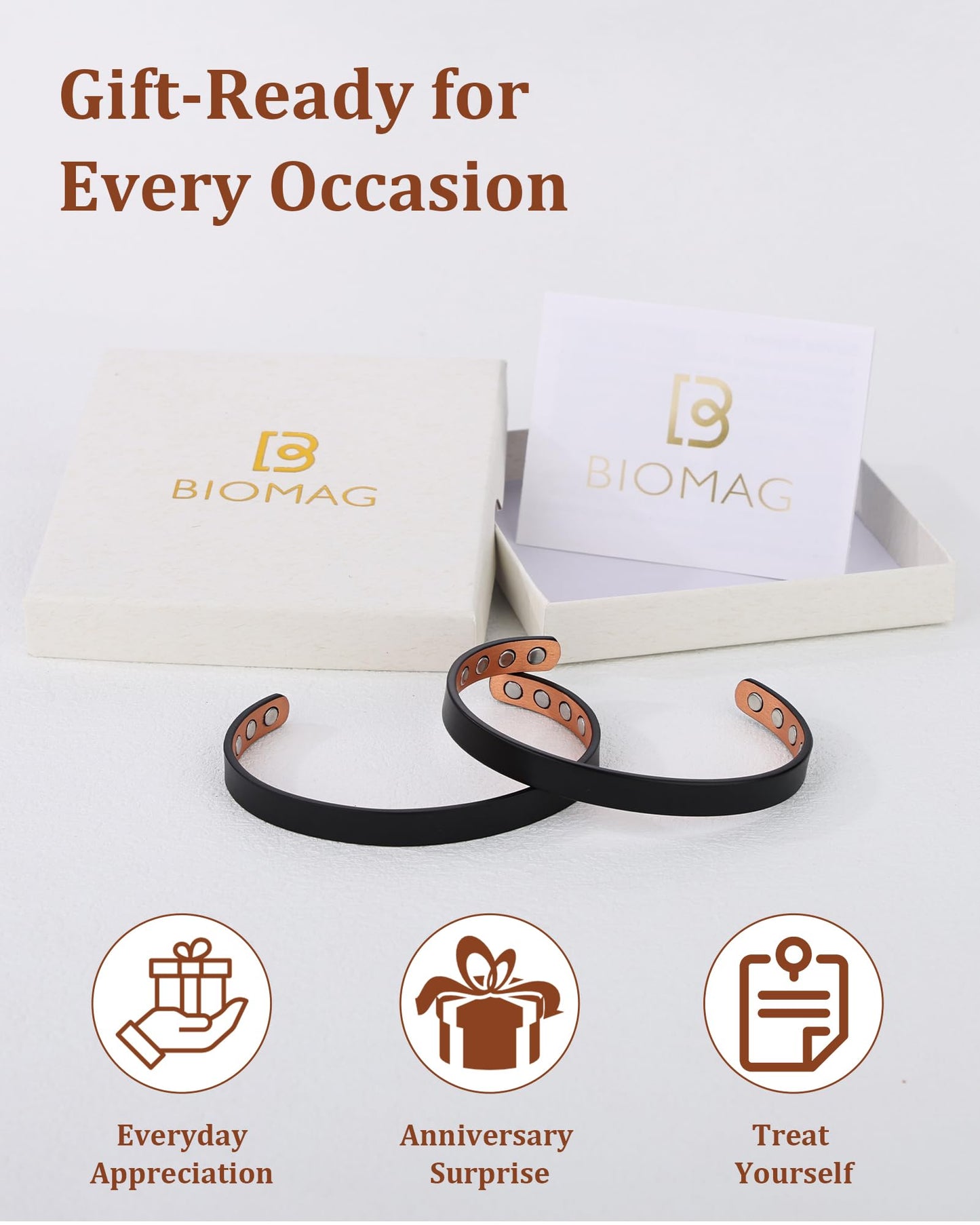BioMag 2Pcs Copper Bracelets for Women Men, 99.99% Pure Copper Cuff Bangle with 8 Pcs Magnets with 3500 Gauss Magnets, Adjustable Size, Simple and Stylish Design