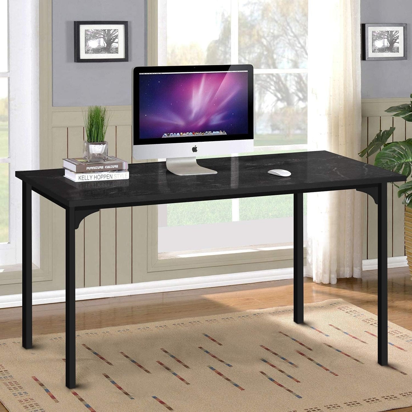HealSmart Thickened 47 Inch Computer Office Desk, Home Writing Study Worktable for Bedroom, Black Small Desk, Modern Simple Style PC Table, Black