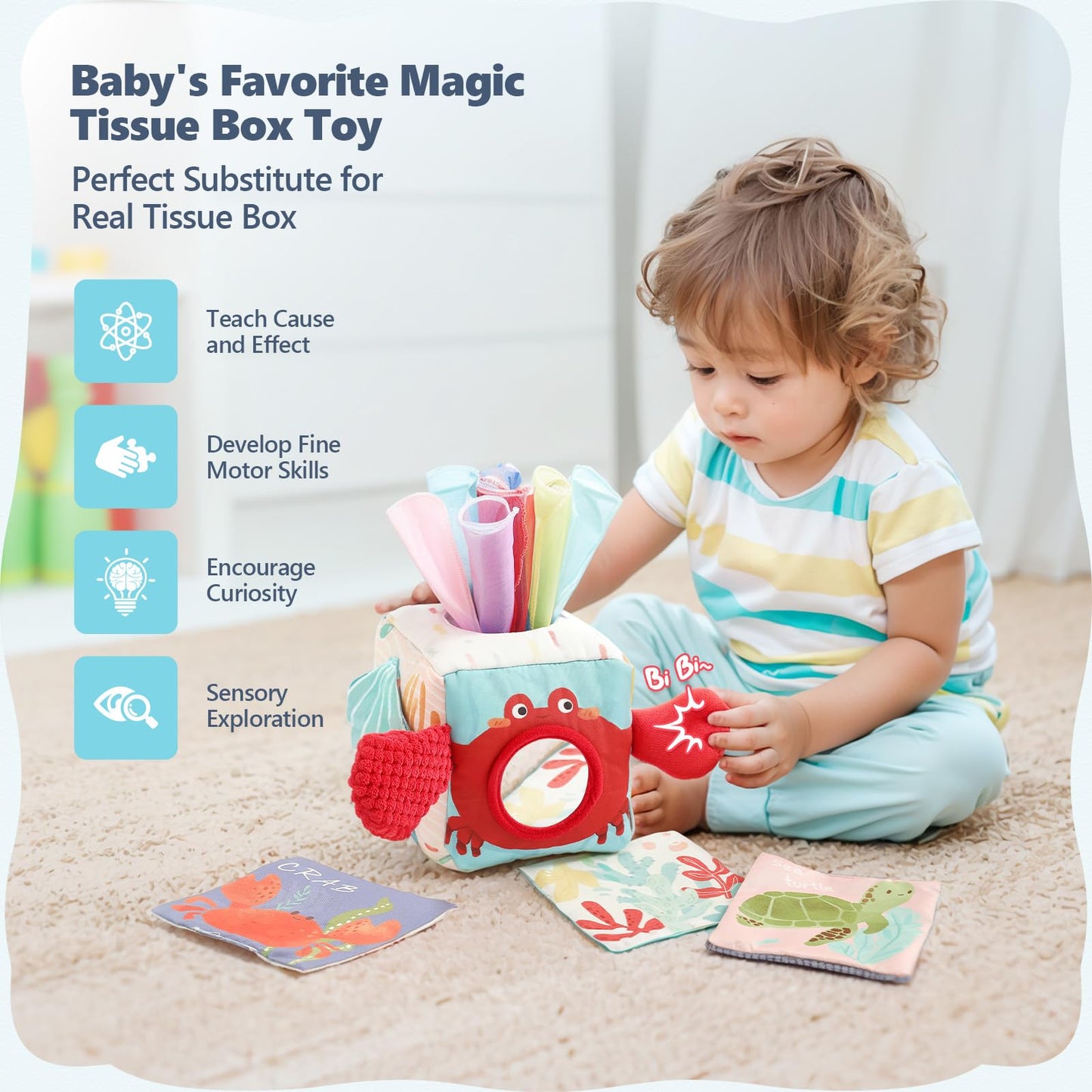 Soft Fabric Tissue Box Toy for 6-12 Months Baby - Sensory Development Toy for Tummy Time, Crinkle Paper & Safety Mirror (Infant Sensory Toy)