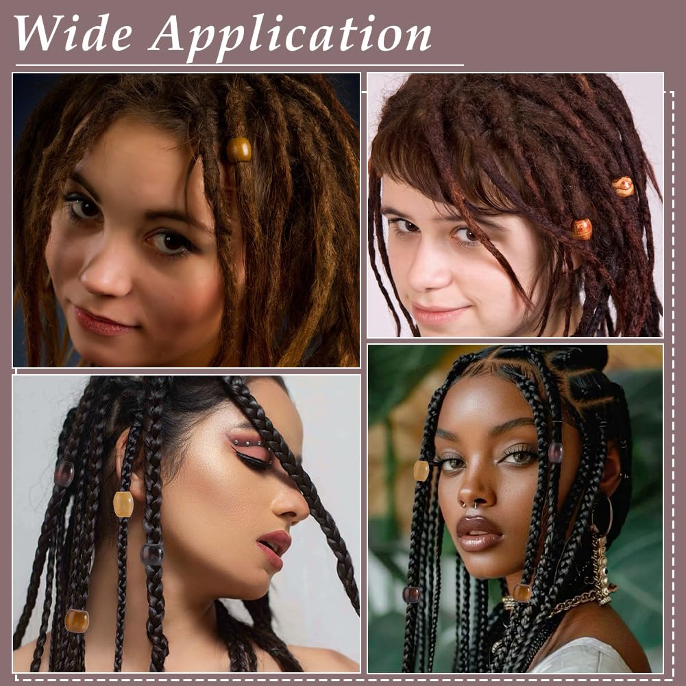 PH PandaHall 190PCS Wooden Hair Braid Beads 10 Styles Loc Dreadlock Jewelry African Tube Bead Rondelle Beads Large Hole Macrame Bead with Plastic Hair Braiding Tool for Jewelry Making Necklace