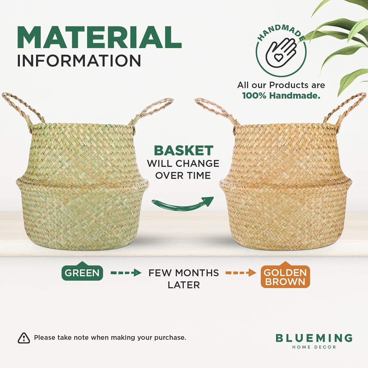Basket Planter for Indoor Plants β 7 Inch Small Woven Wicker Pot for Olive Tree, Faux Plants, or Snake Plant, Handwoven Seagrass Basket with Handles (Original, Small)
