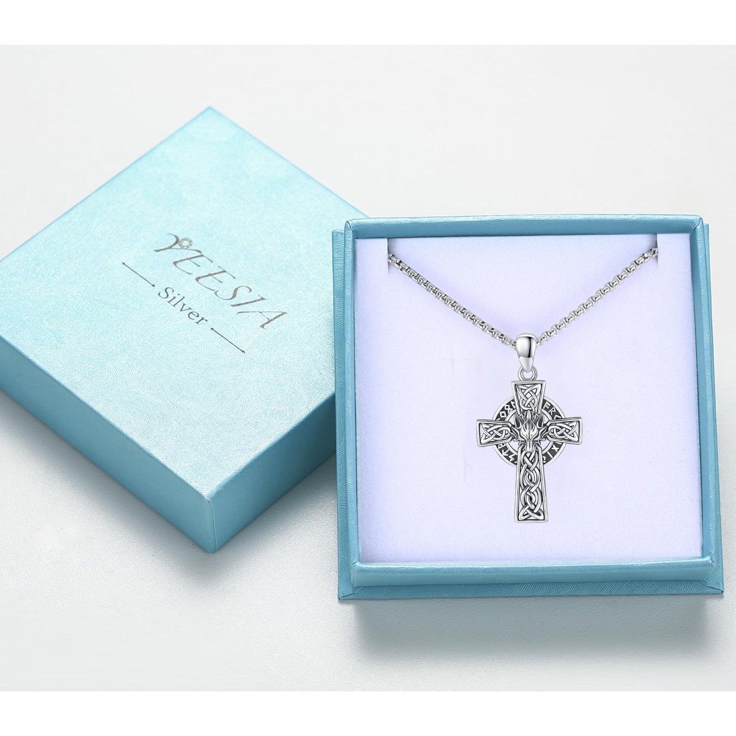 YEESIA Wolf Celtic Cross Necklace, 925 Sterling Silver Norse Gothic Viking Jewelry for Men Women, Unique Valentines Day Gifts for Teens Boyfriend, Adjustable Unisex Accessory