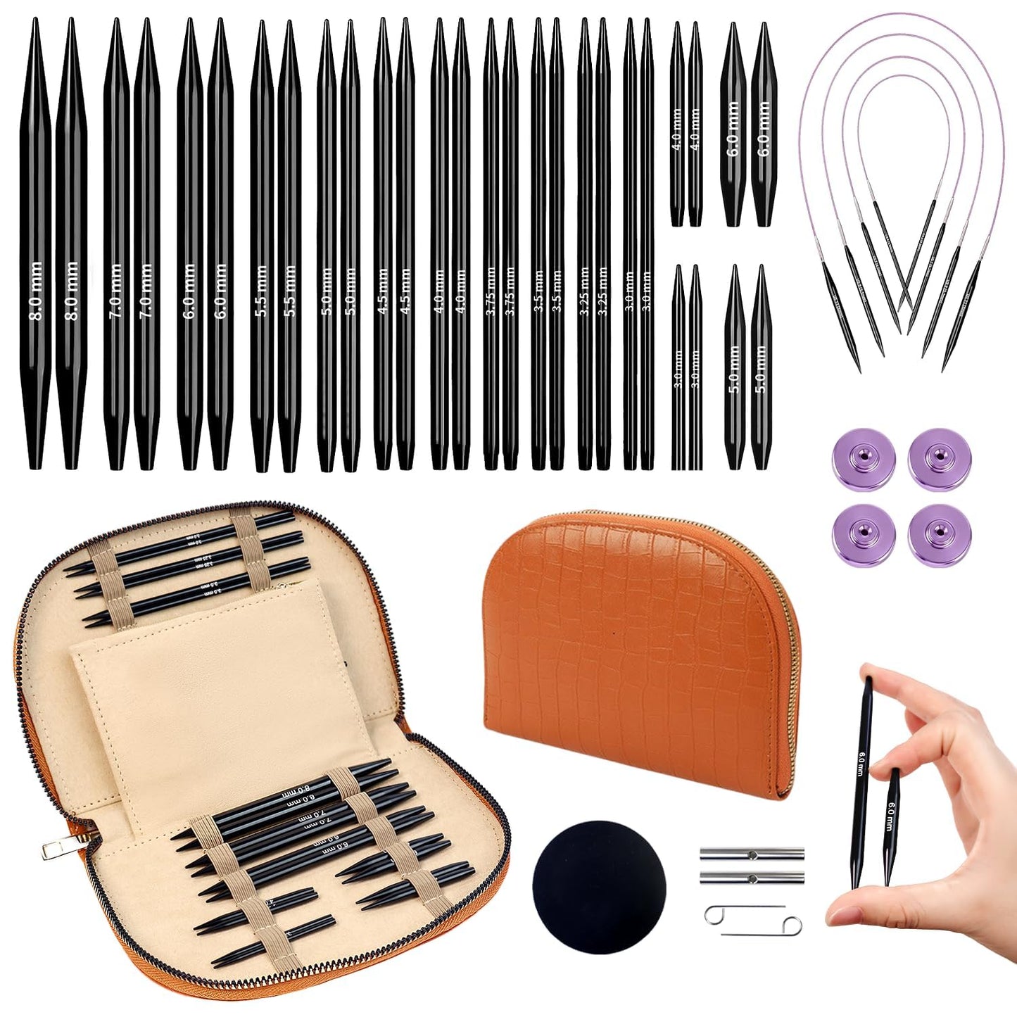 Yarniss 15 Pairs Circular Knitting Needle Combo, 4.5-Inch Round Knitting Needle 3.0~8.0mm, 2.16-Inch Shorties Needles US Size 2.5-10, Interchangeable Aluminum Cable Needles with Case