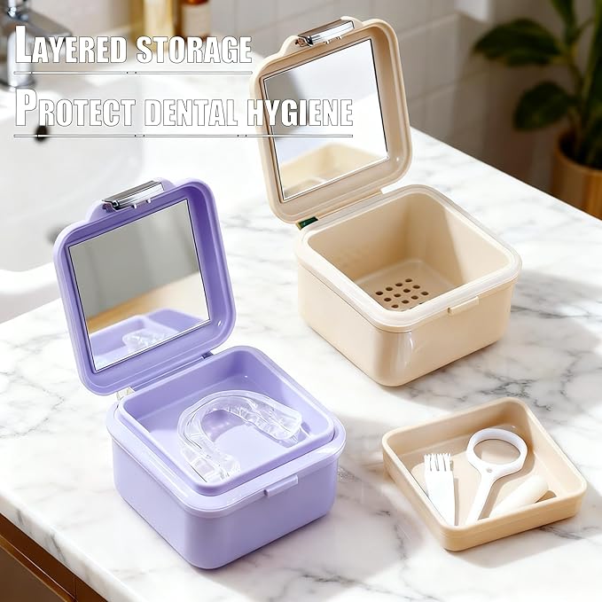 Denture Bath Case, Denture Soaking Container Denture Cup Soaking Holder Mouth Guard Denture Box Denture Baths Cleaning with Lid Waterproof (Purple)