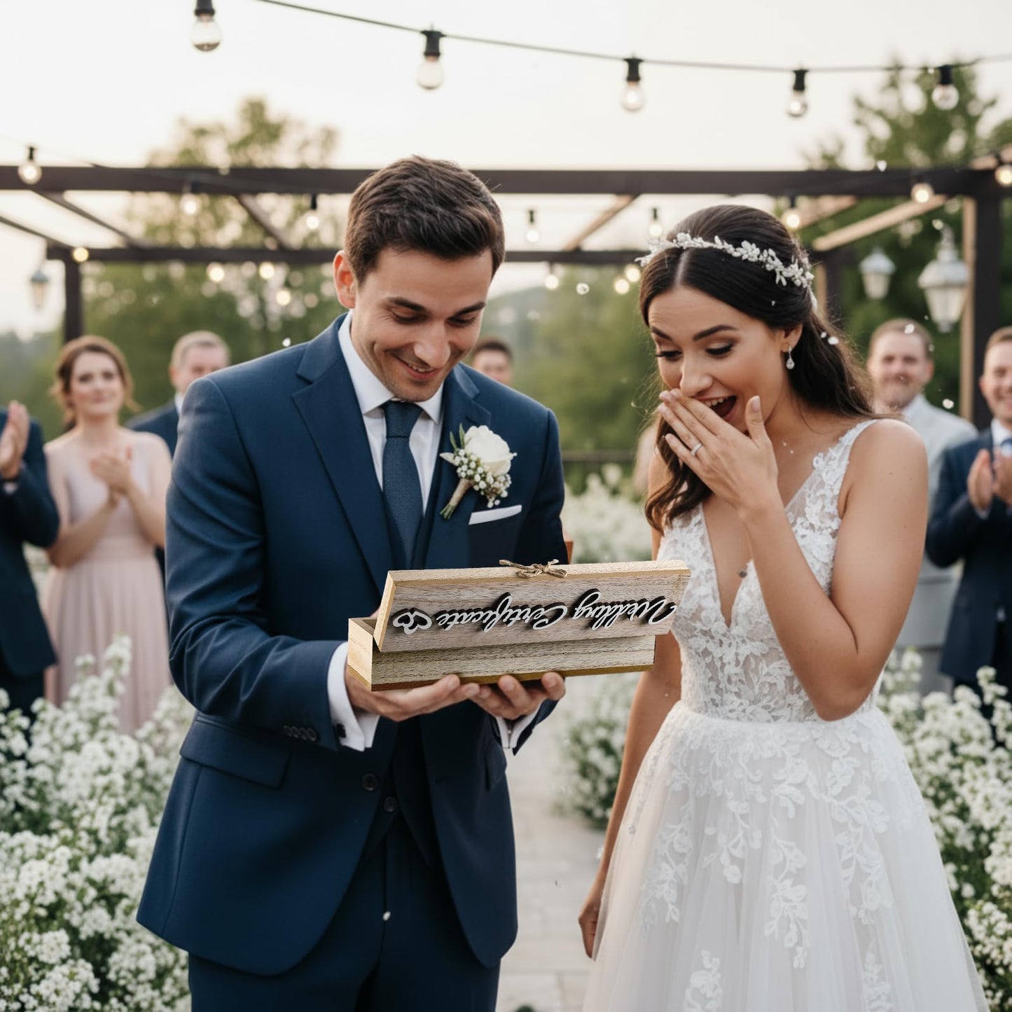 Thyle Mr & Mrs Wedding Certificate Holders Wooden Marriage License Keepsake Box with Bow and Magnetic Buckle Wedding Certificate Storage Box Gifts for Newlyweds Couples Gift(Natural Color)